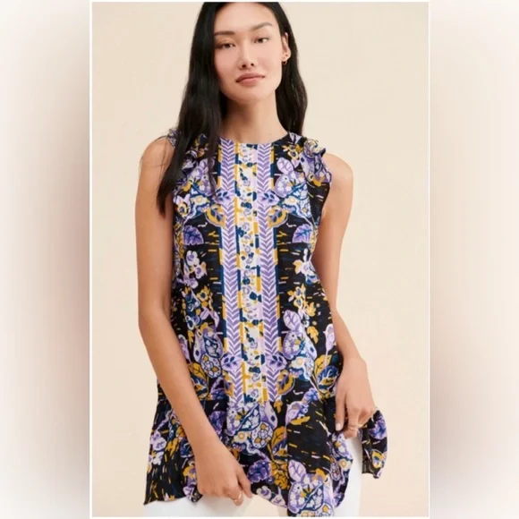 NEW FREE PEOPLE SUMMER TULUM TUNIC PURPLE/GOLD FLORAL OPEN BACK SIZE XS/S NWT - Picture 9 of 9